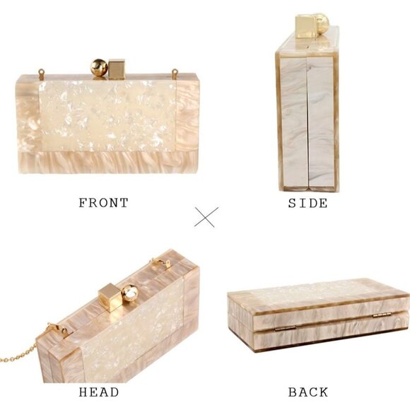 ⚡ Women's Acrylic Evening Glitter Marble Metal Clasp Cream Clutch Handbag - Picture 4 of 9